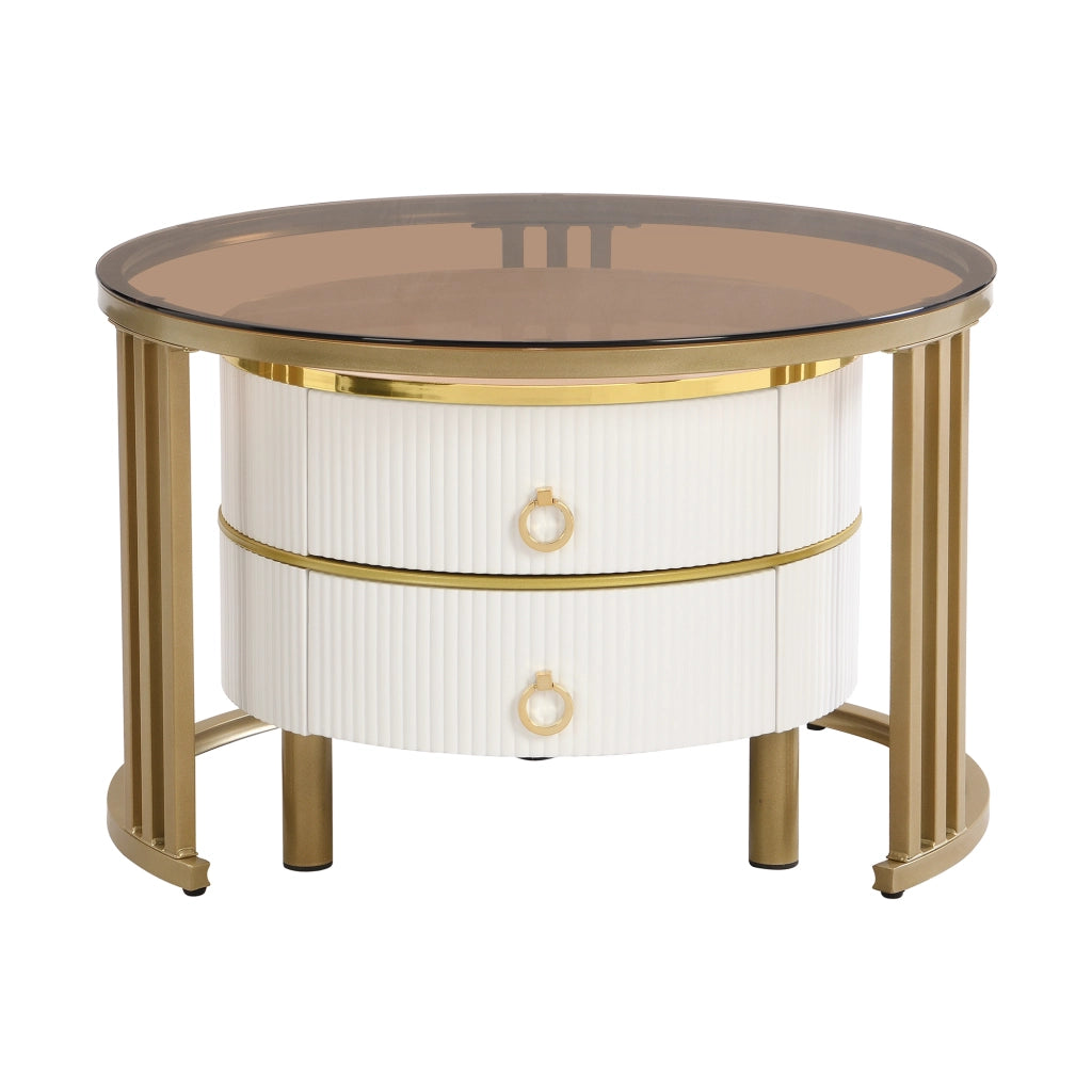 Tavolini da Caffè a Nido Rotondi con 2 Cassetti; Piano Bianco Lucido e Vetro Temperato Marrone; in MDF; Bianco; 70×70×45 + 50×50×40 cm