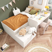 OKWISH Letto Bambino 90×200 cm, Letto Singolo con Scrivania e 2 Cassetti, senza Materasso, in Legno Massello e MDF, Bianco