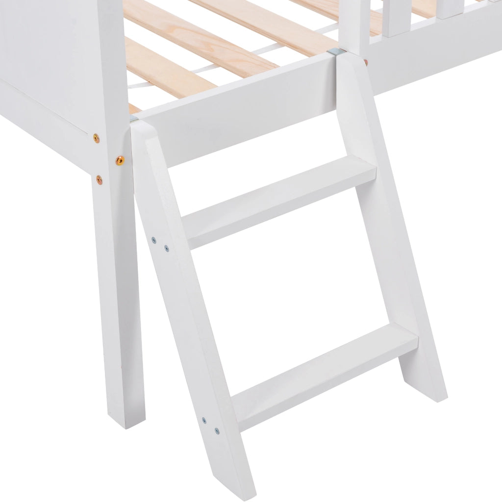 Letto a casetta per bambini 90x200 cm con cassetti, scala laterale e sponde di sicurezza, bianco