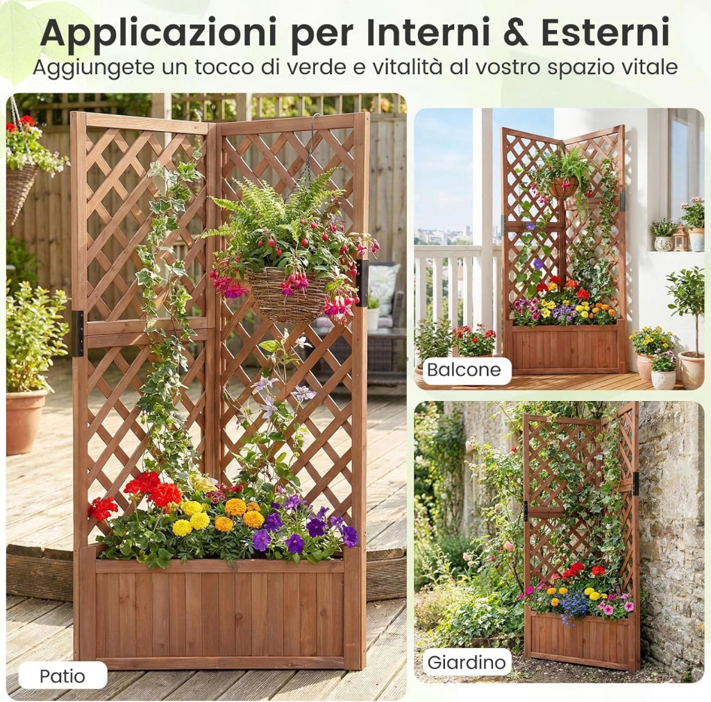 Letto da Giardino Rialzato ad Angolo con Traliccio e Fori di Drenaggio, Fioriera in Legno Elevata per Piante Rampicanti, Fiori e Verdure, Ideale per Interno ed Esterno (Marrone)
