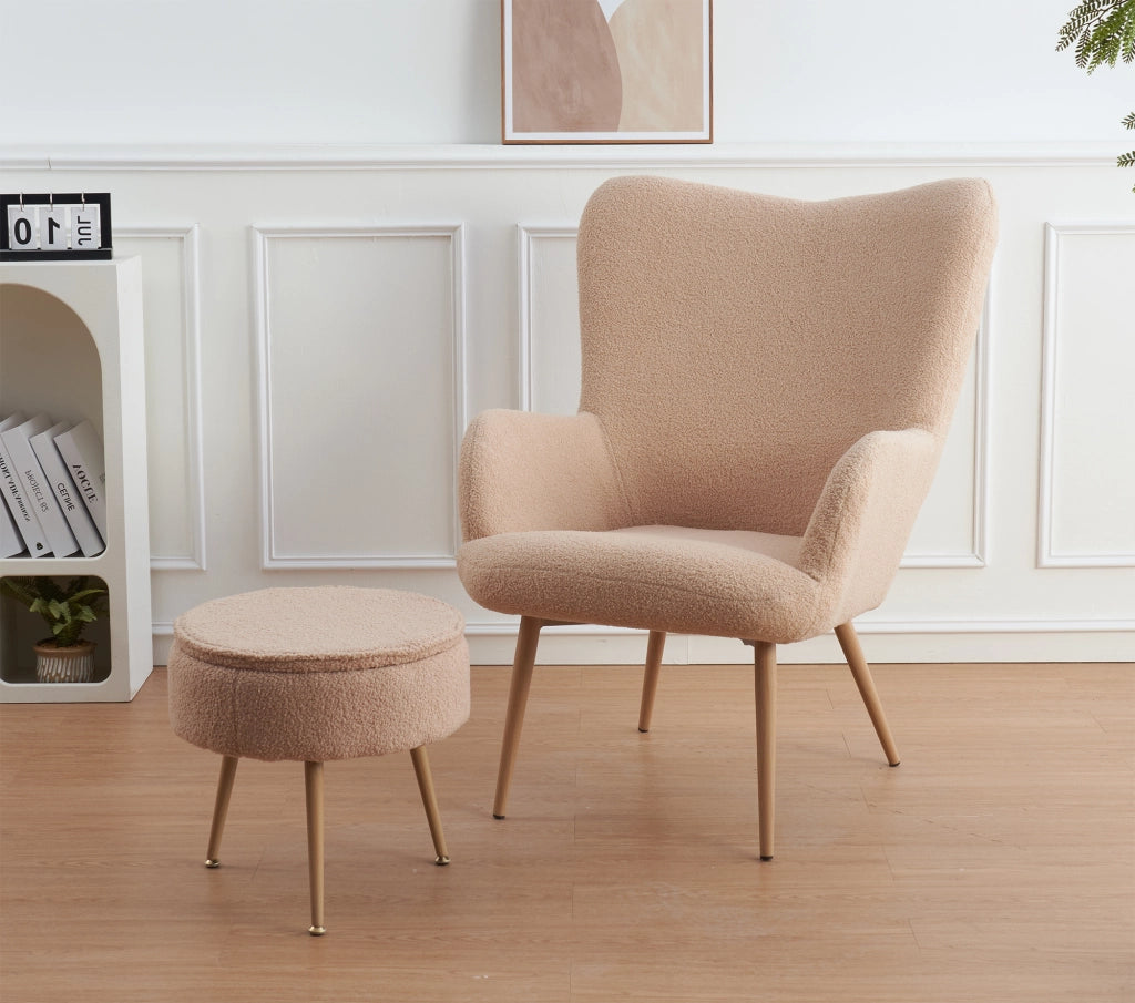 Poltrona Imbottita Ergonomica Con Schienale E Braccioli Con Poggiapiedi Contenitore Camera Da Letto Salotto Moderna Pouf Sedia Effetto Teddy Morbida - Biscotto