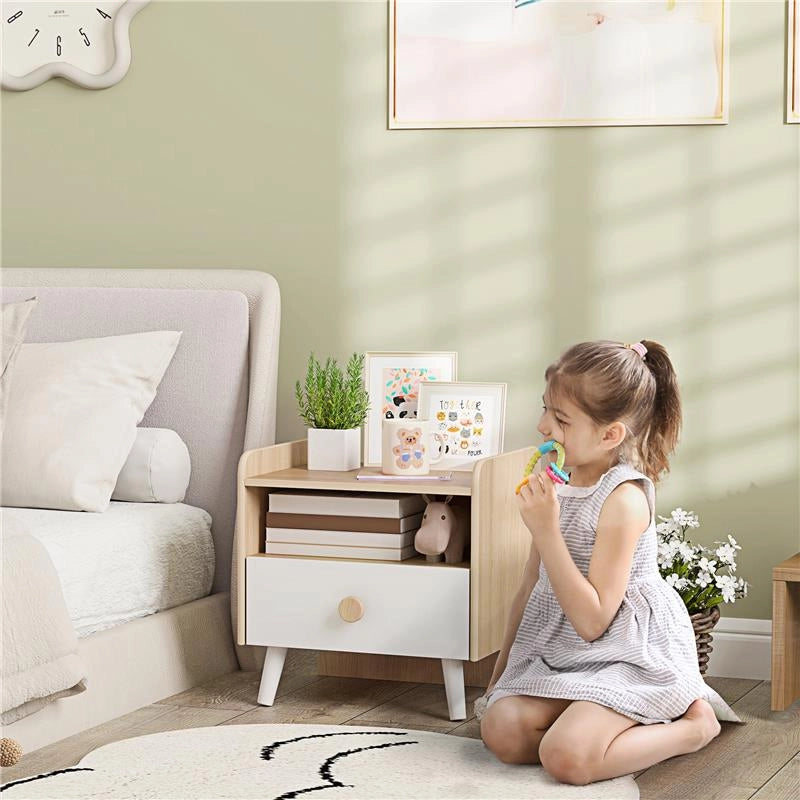 COMODINO CON CASSETTO PER BAMBINI 3-10 ANNI IN LEGNO E LEGNO DI PINO, 40X32.5X40 CM, BIANCO