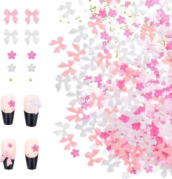 Decorazioni per unghie 3D - 1000 pezzi - Set di decorazioni per unghie - Strisce, fiori, perle - Applicatore di smalto per unghie - Design per unghie DIY - Arte artigianale - Rosa, bianco, oro