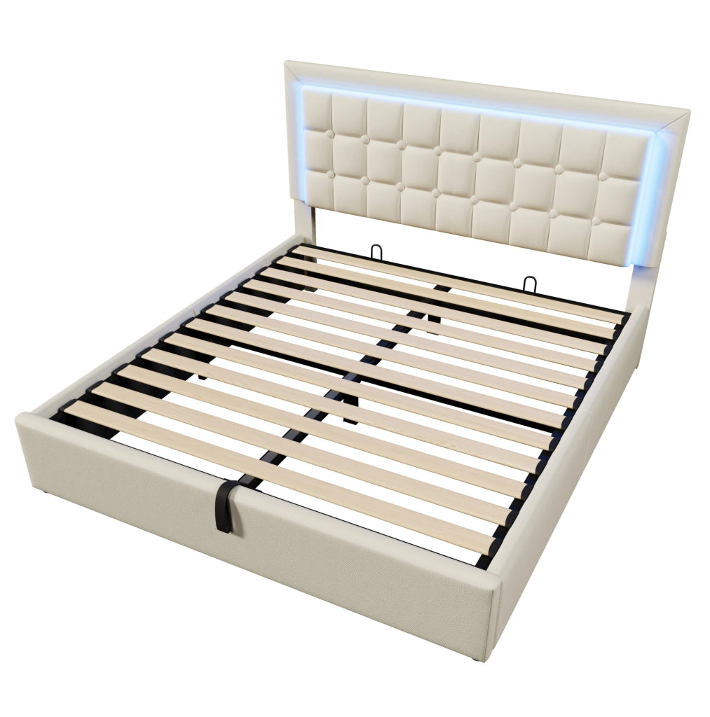 Letto matrimoniale 140x200 cm con contenitore sollevabile e LED; in PU bianco