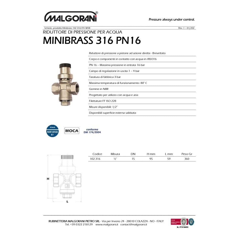 Malgorani 1/2 pn 16 ff aisi 316 riduttore di pressione per boiler - senza bocchettoni