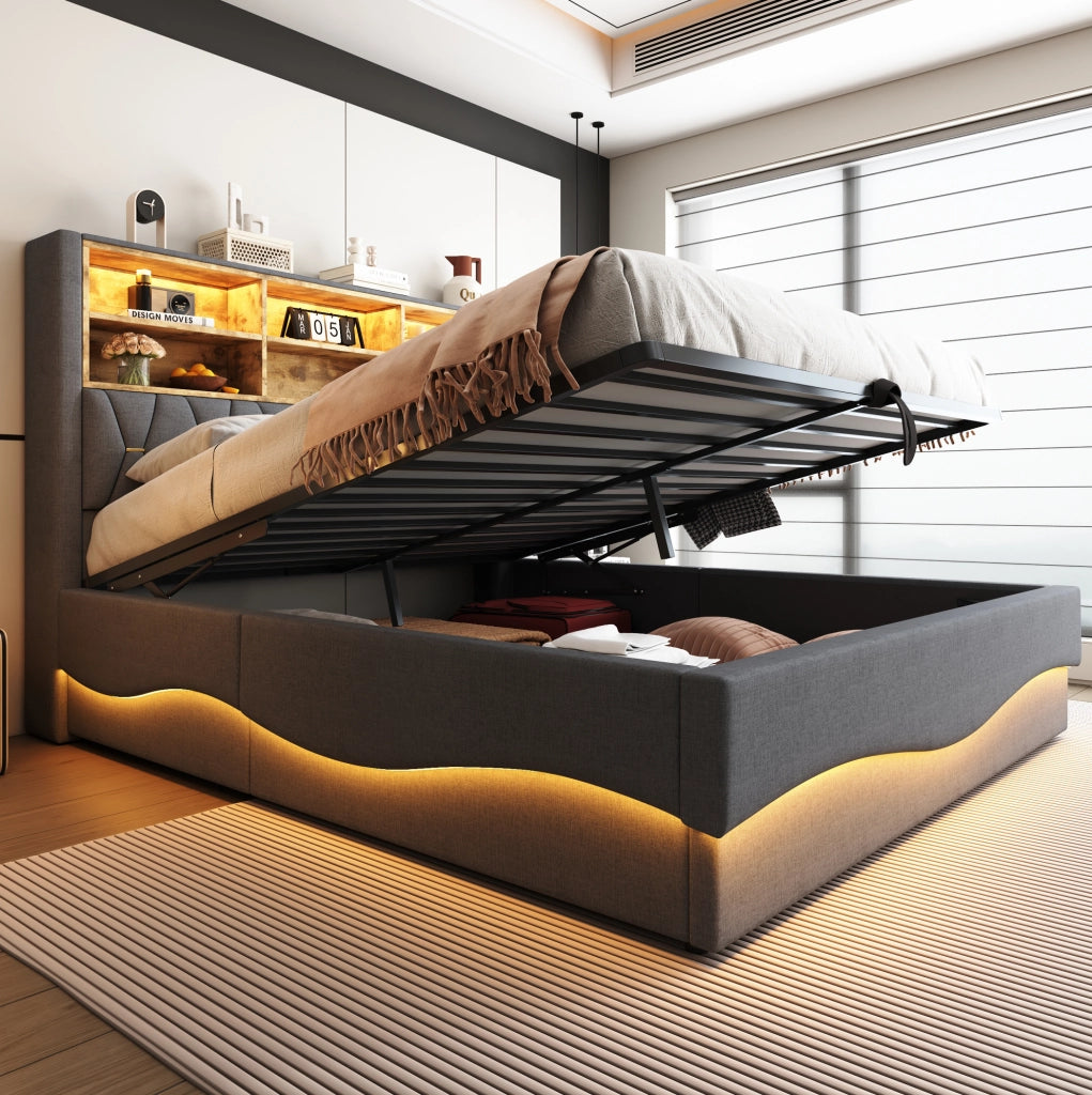 Letto imbottito 180x200 cm con LED, USB e vano contenitore