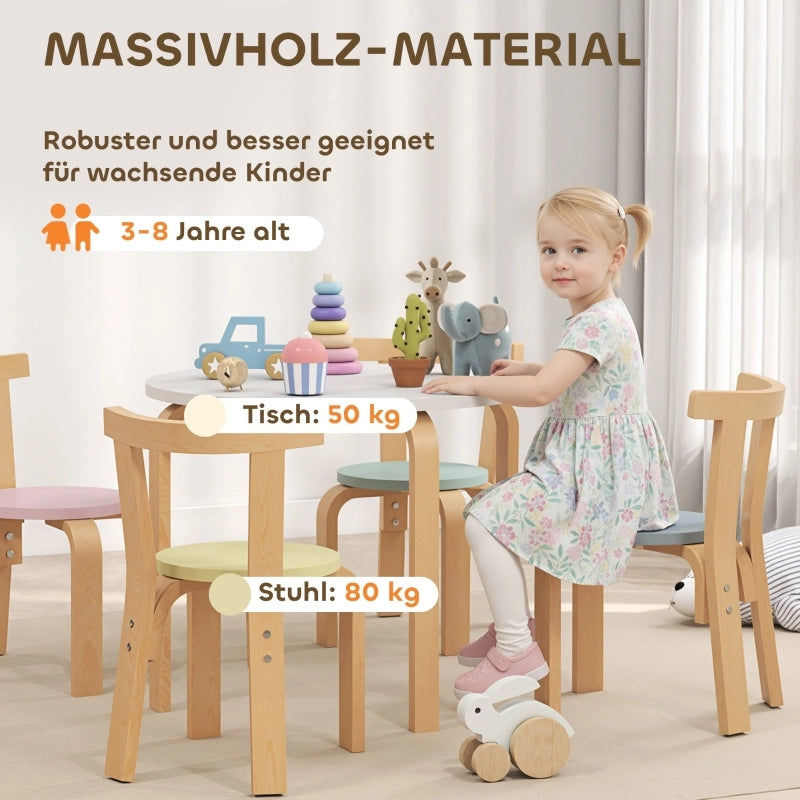 Set di tavolo e sedie per bambini composto da 5 pezzi, in legno massello leggero e colorato.