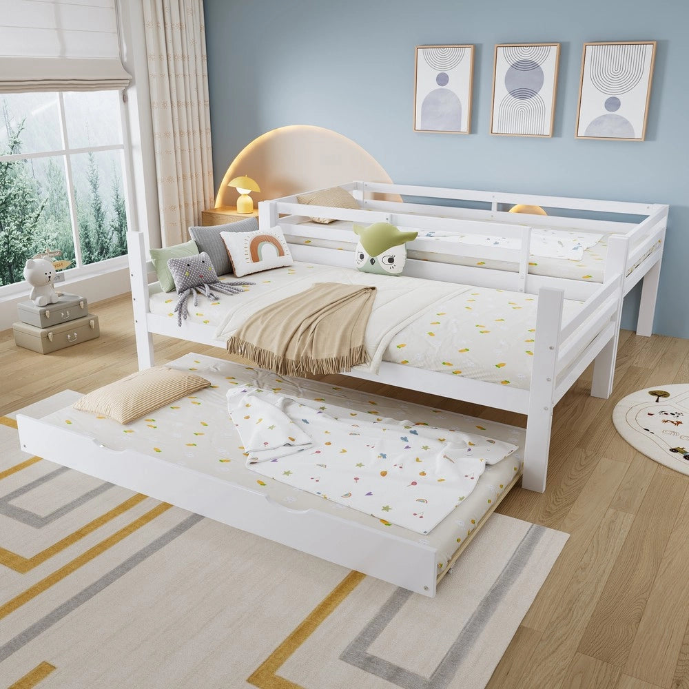 Letto a Castello Estraibile con Scaffali e Scala ¨C MINIMAL ¨C Pino/MDF, Bianco, 90x200