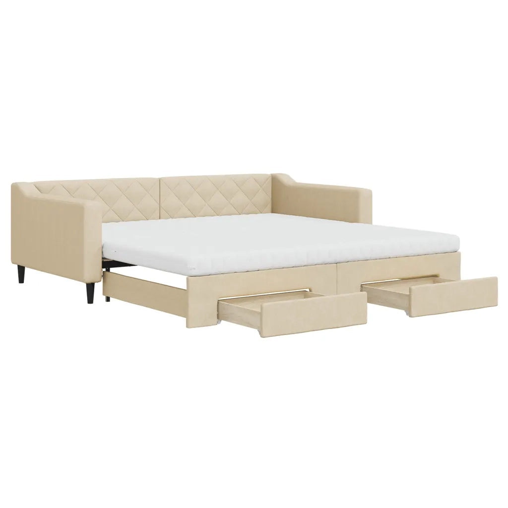 Divano Letto Estraibile con Cassetti Crema 100x200cm in Tessuto 3197489