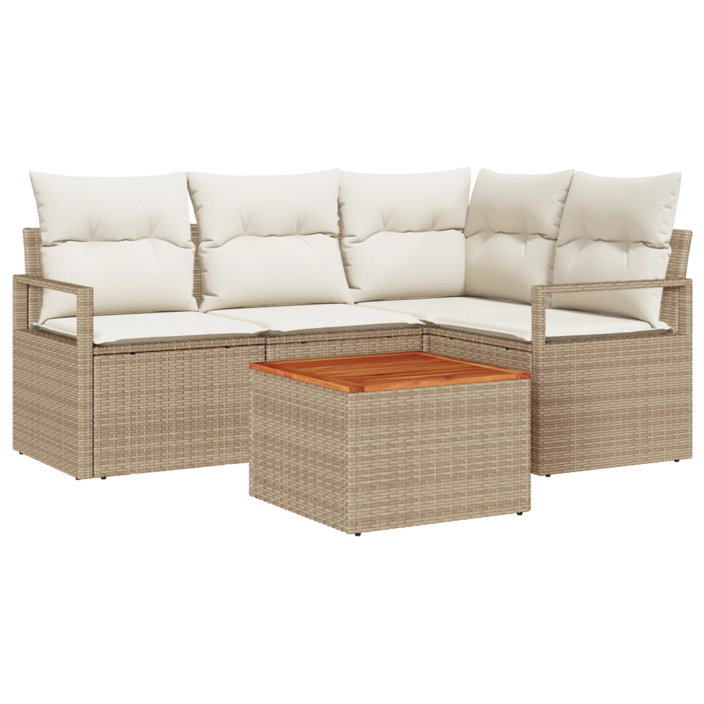 Set Divano da Giardino 5 Pezzi con Cuscini Beige in Rattan Sintetico e Acacia