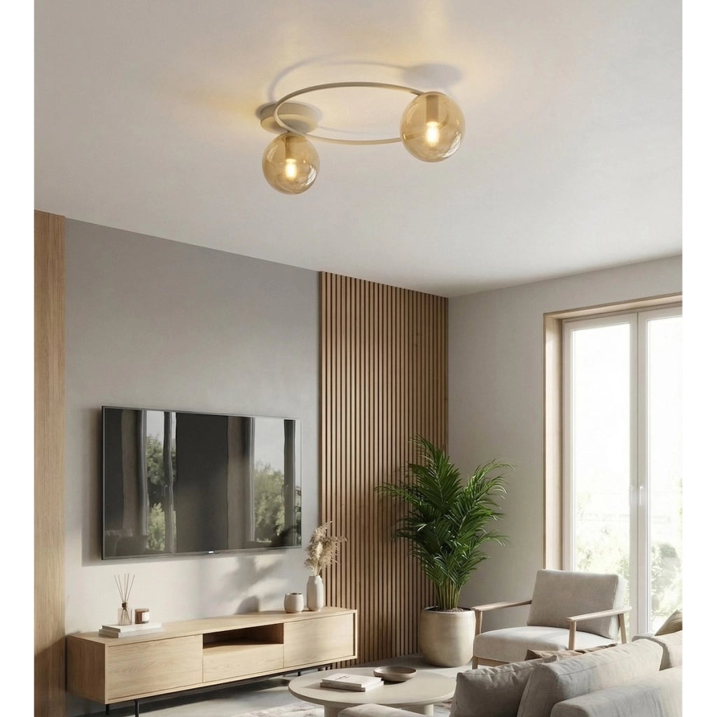 Lampada a sospensione SOPRA in acciaio beige e vetro ambrato