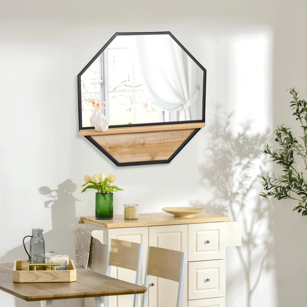 EasyComfort Specchio da Parete Ottagonale in Metallo con Mensola in Legno, 61x61cm Nero