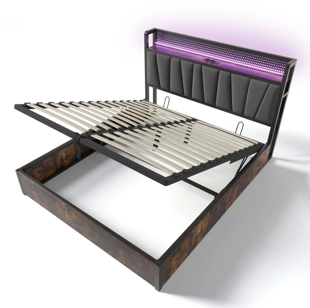 Letto matrimoniale 160x200 cm con testiera LED RGBW; porte USB e prese; grigio