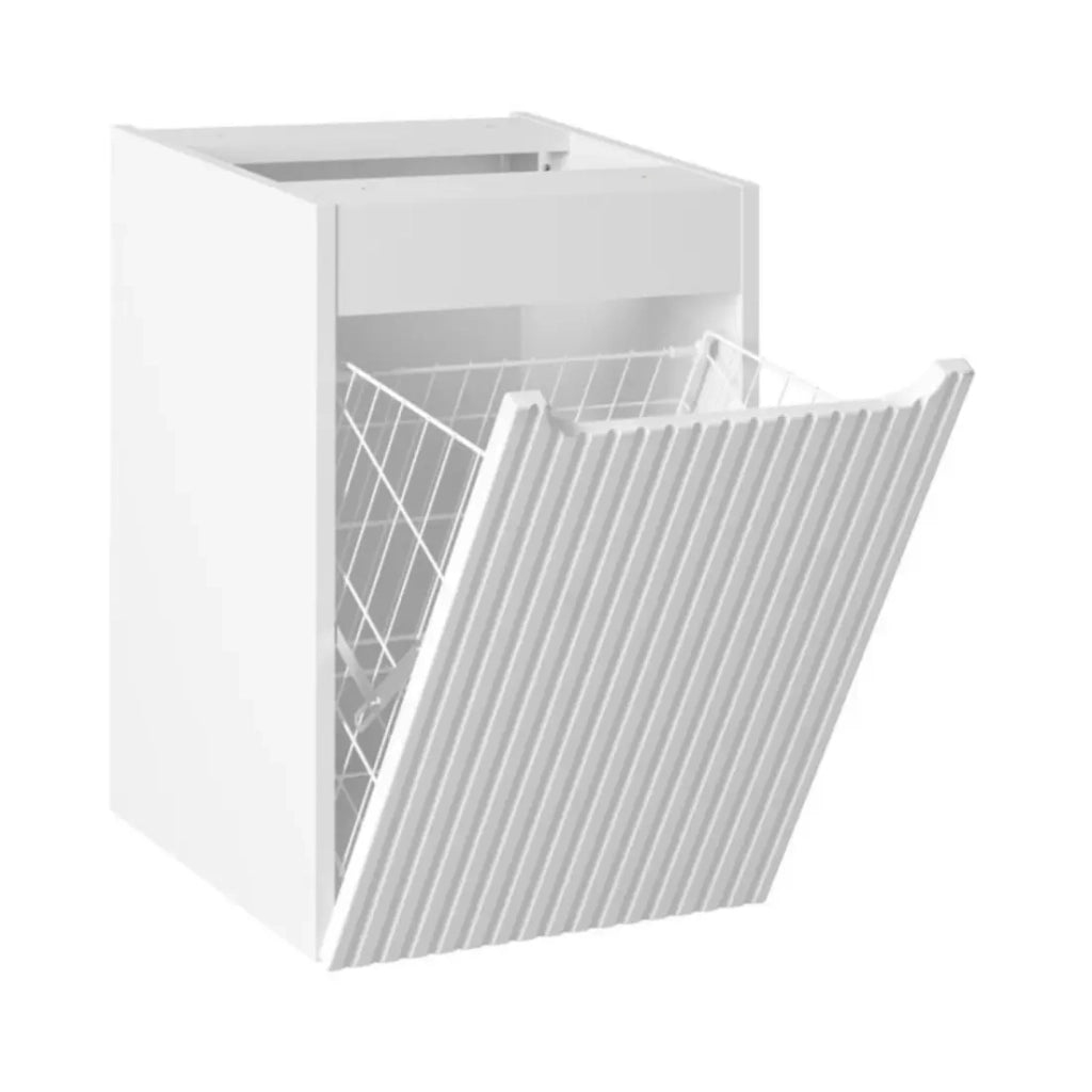 Set VANO blu denim e bianco 100cm: mobile sottolavabo con cassetti e cesto per la biancheria integrato + piano per lavabo