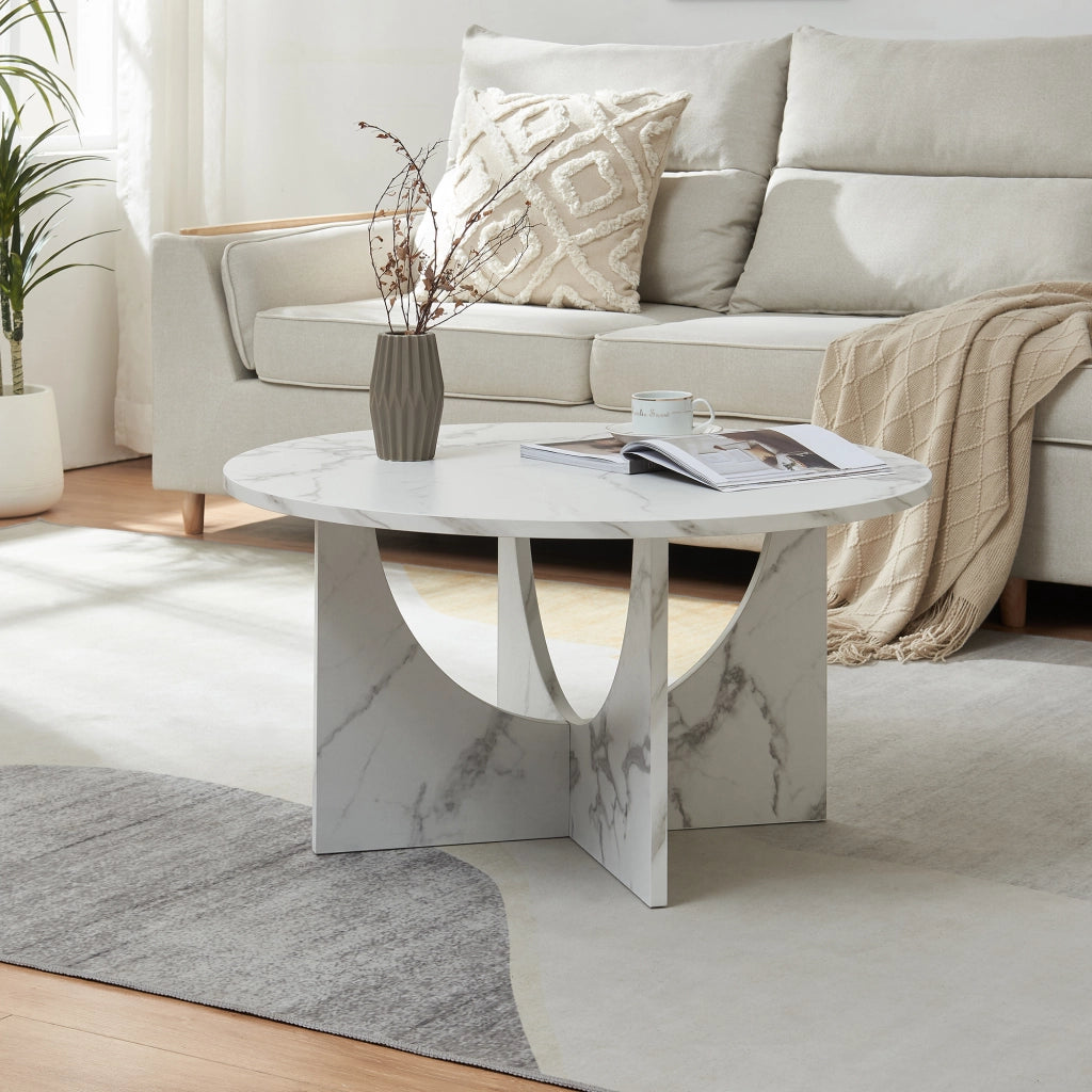 Tavolino da Caffè Rindal con Piano Rotondo - Effetto Marmo Bianco [en.casa]