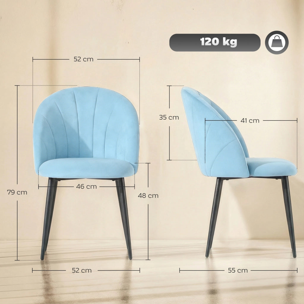 Set 2 Sedie da Pranzo Imbottite 52x55x79 cm con Schienale a Conchiglia in Velluto Azzurro