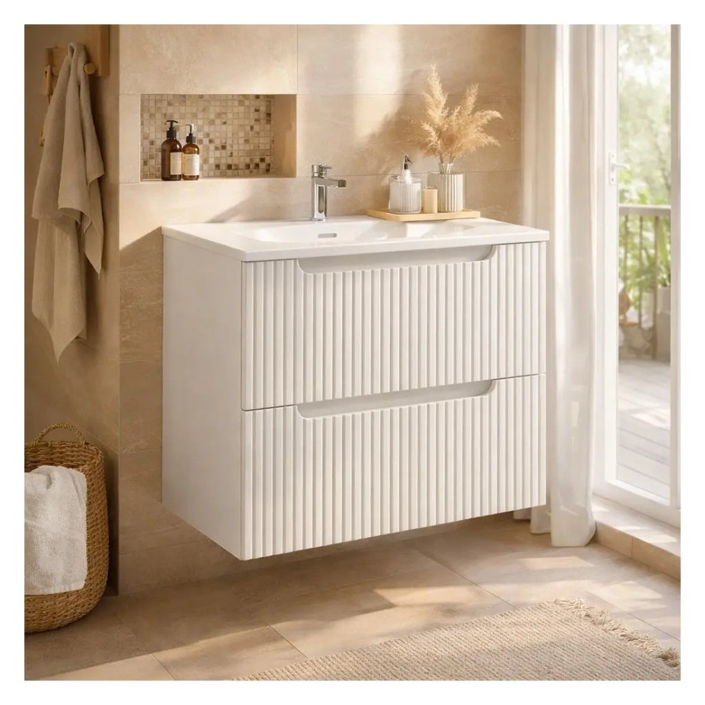 Set bagno sospeso VANO bianco 60cm: mobile sottolavabo con cassetti scanalati + lavabo incassato bianco