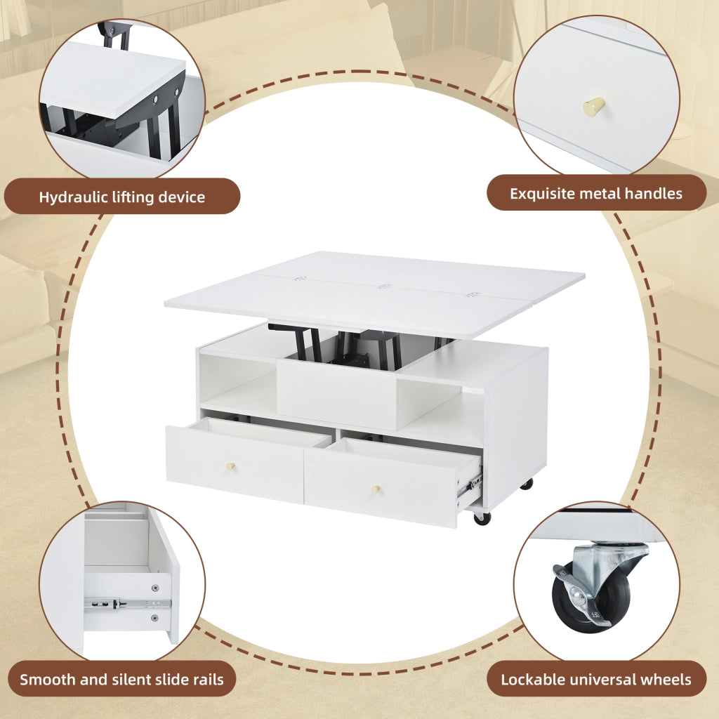 Tavolino Da Salotto Sollevabile con 4 Cassetti e Piano Ribaltabile; Idraulico; Stile Moderno; in MDF; 100×50×47;5 cm; Bianco