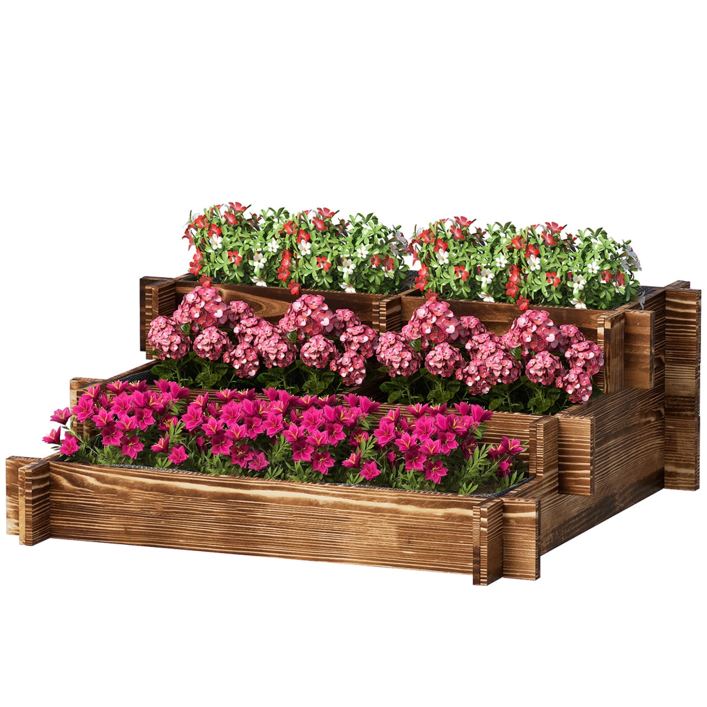 Fioriera a 3 Livelli da Giardino ¨C Xylo ¨C Legno Carbonizzato con Tessuto Non Tessuto 93x93x35 cm
