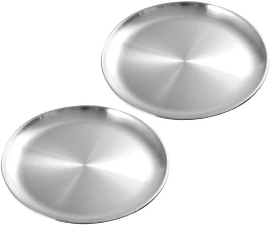 Set di 2 piatti rotondi in acciaio inossidabile da 26 cm, ideali per bistecche, insalate, sushi e altro - Piatti da servizio in acciaio inossidabile per picnic, BBQ e cena - Piatti da servizio metallici di alta qualità.