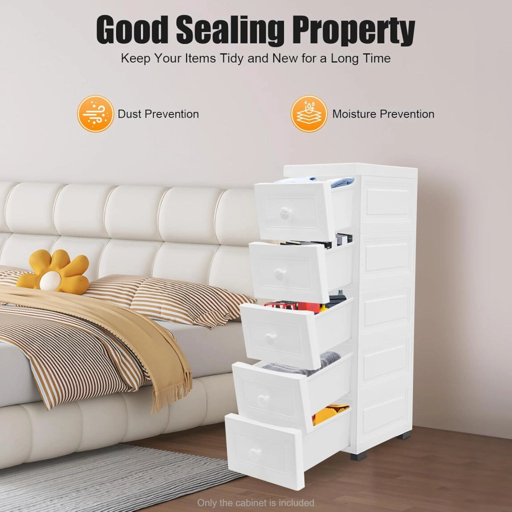 Carrello con cassetti Contenitore portaoggetti in plastica per bagno, carrello portaoggetti per uso domestico Armadietto multifunzionale con cinque cassetti, 82×34×25 cm, Bianco