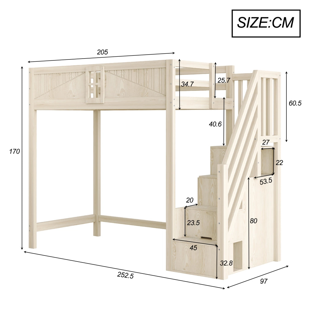 Letto a Soppalco Singolo con Contenitore Laterale; Scala Reversibile e Finestra 90 x 200 cm; senza Materasso