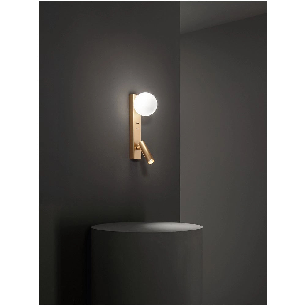 Fog - Applique da Comodino con USB e USB-C, Led 3W + G9, Sfera Bianca, 3000K, Corpo Orientabile, Diffusore in Vetro - Perenz - Oro