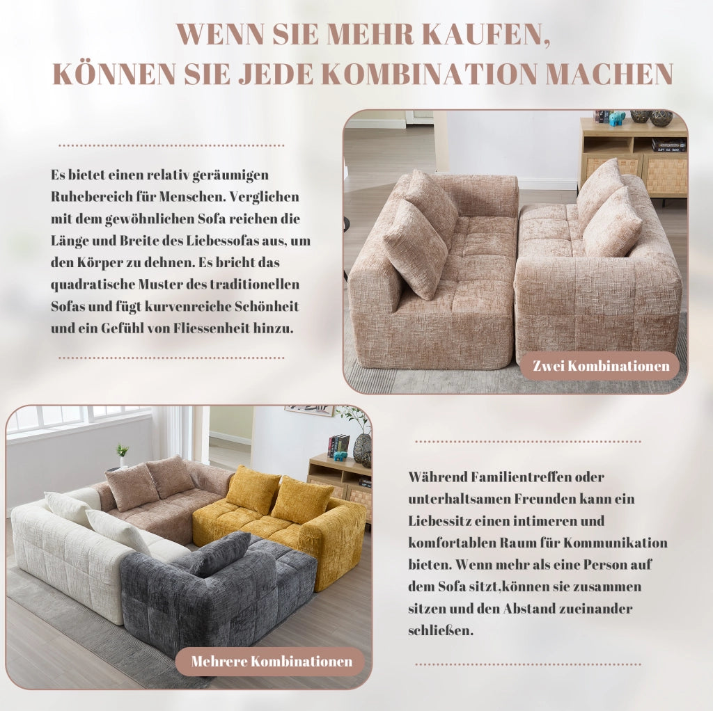 Divano comodo 2 posti in tessuto khaki con chaise longue, cuscino incluso e tasche laterali