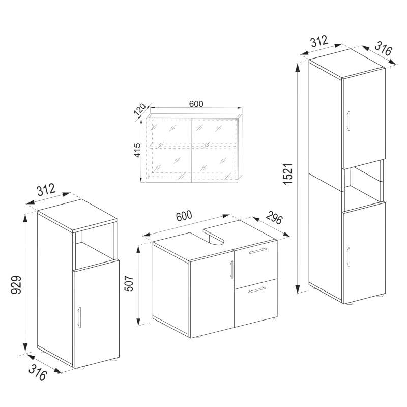 Armonia di Ezooza  Set Bagno Completo 4 Pezzi Mobile Lavabo + Colonna + Pensile e armadietto a specchio, Antracite/Rovere ,
