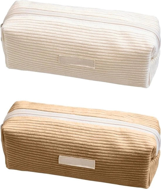 Penne e tinte in tessuto corduroy - grande capacità di stoccaggio - impermeabile - tela - astuccio per strumenti da disegno - per ragazzi e adulti - bianco crema abricot.