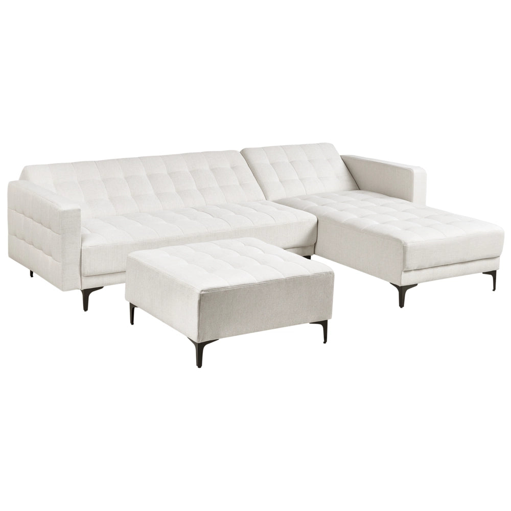 Divano letto angolare in tessuto bianco sporco versione destra con pouf moderno a L componibile
