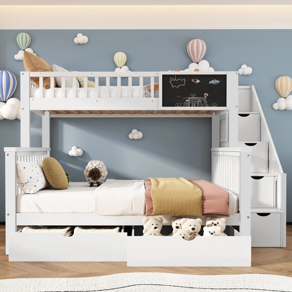 Letto a Castello 90x200 cm; Letto Singolo - Lavagna; Cassetti; Contenitore - Bianco