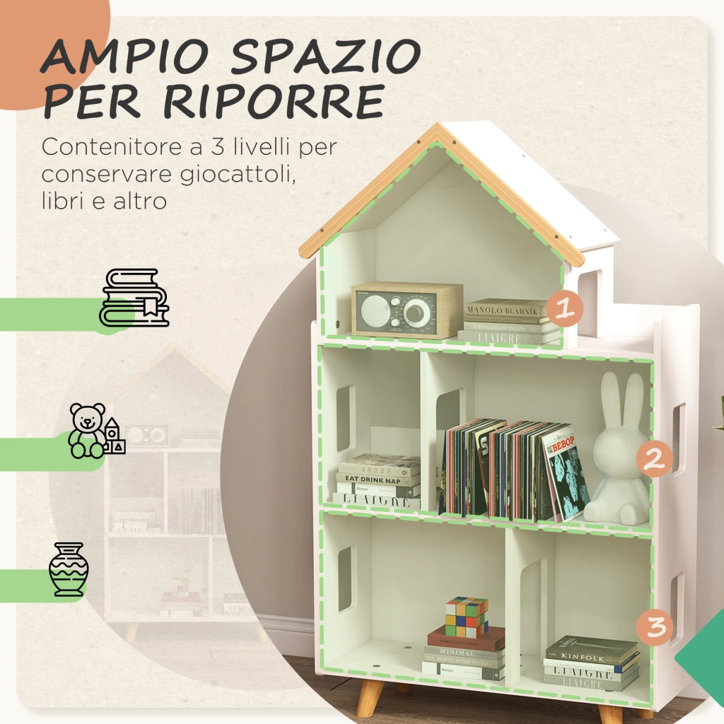 Libreria per bambini 3 livelli ¨C zephmum ¨C MDF e pino, bianco, 65x25x108.5 cm