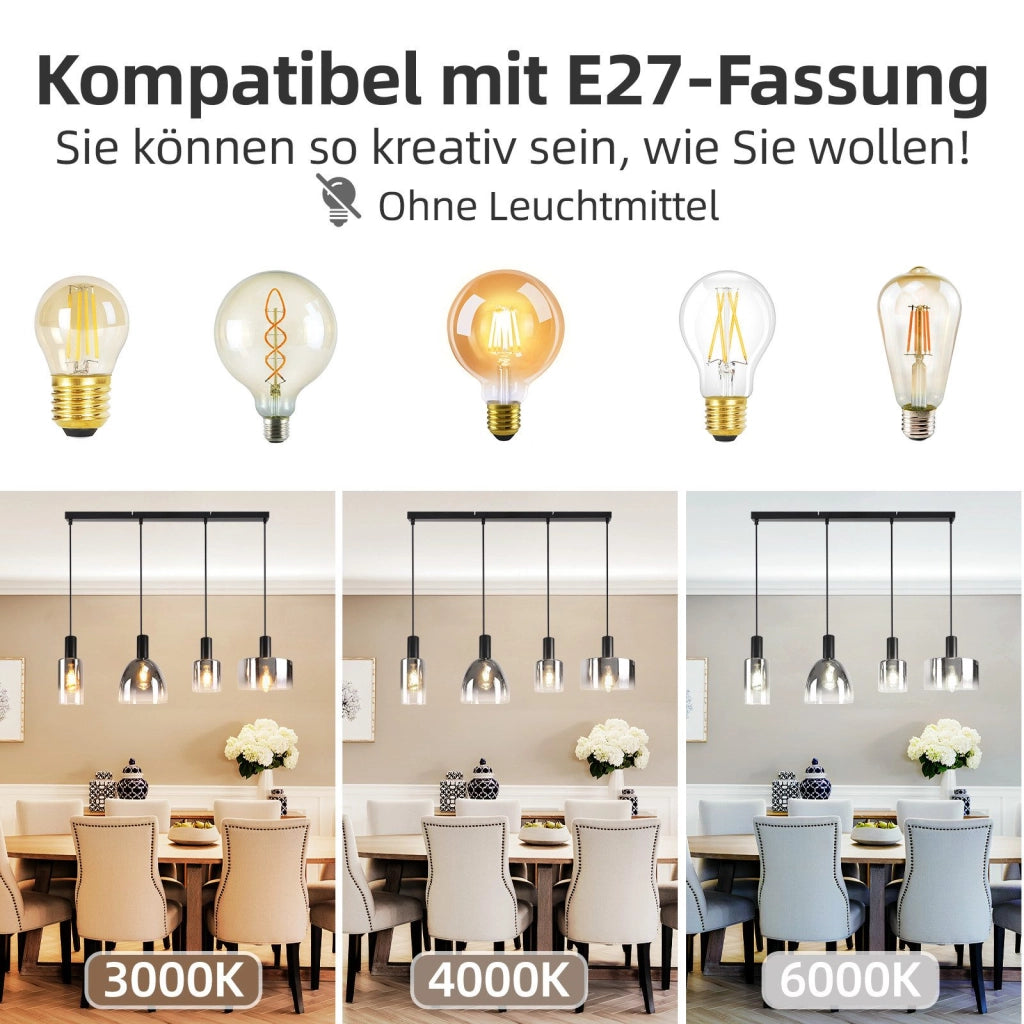ZMH Lampada a Sospensione 4 Luci E27 Vintage Vetro Fum¨¦ Altezza Regolabile per Camera Cucina Senza Lampadina