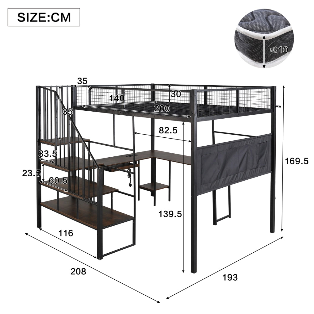 letto alto in metallo e legno nero 140 x 200 cm