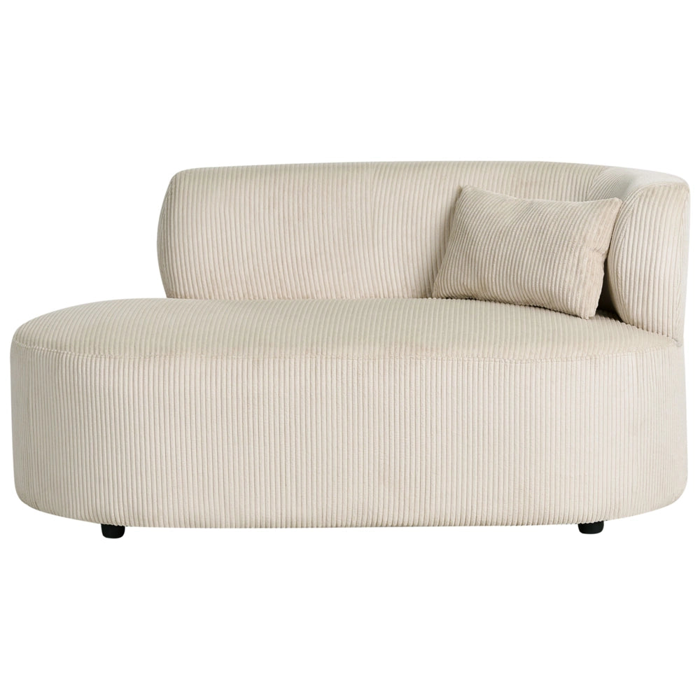 Chaise longue con rivestimento in velluto a coste beige chiaro e cuscino decorativo lato destro