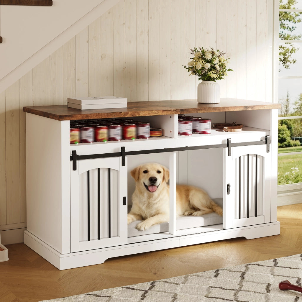 Cuccia per cani 2 in 1 con mobile e piano d’appoggio, porta scorrevole con chiusura, tramezza removibile, bianco 153 x 60 x 85 cm
