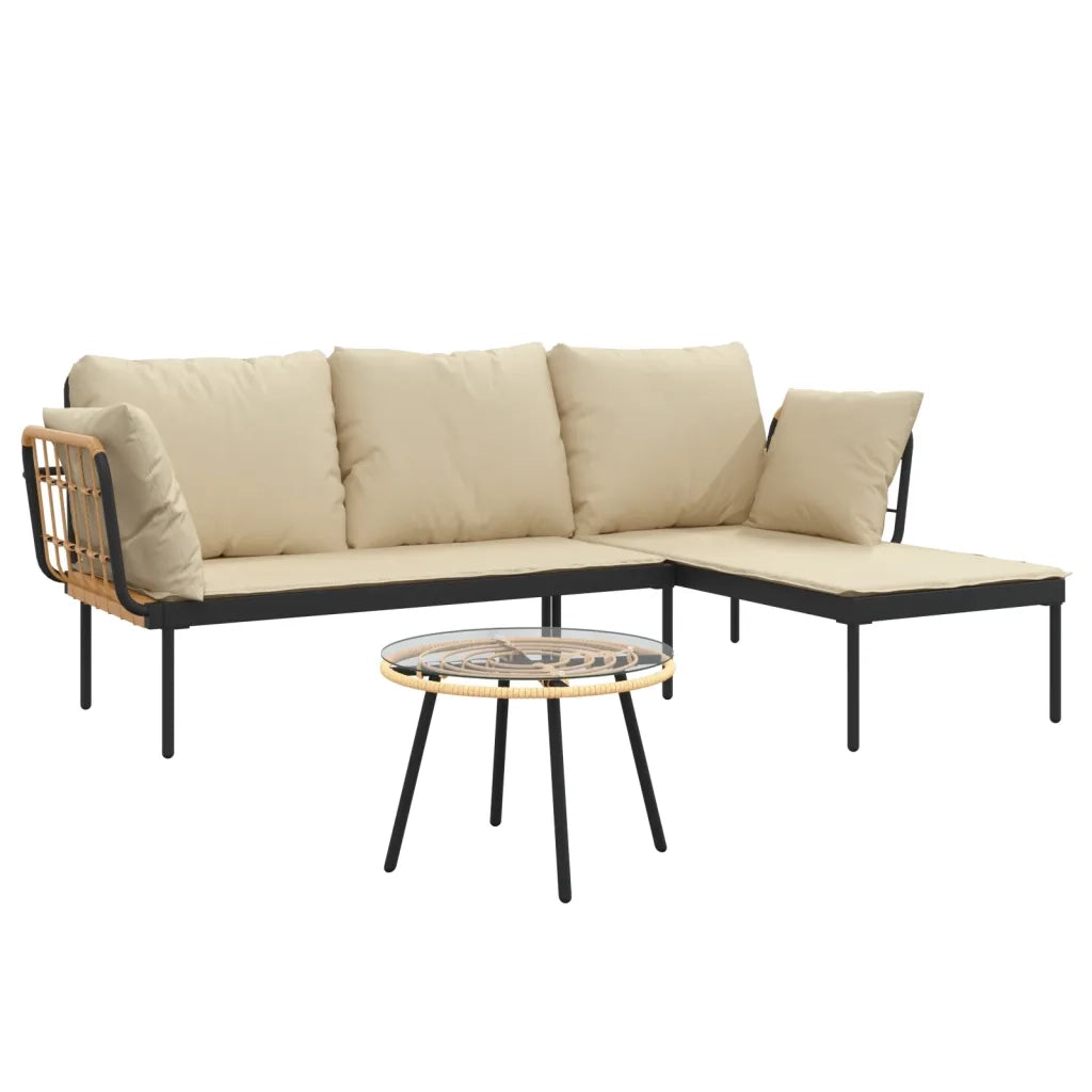 Set Salotto da Giardino 3 pz | Set di Mobili da Esterno con Cuscini Beige in Polyrattan