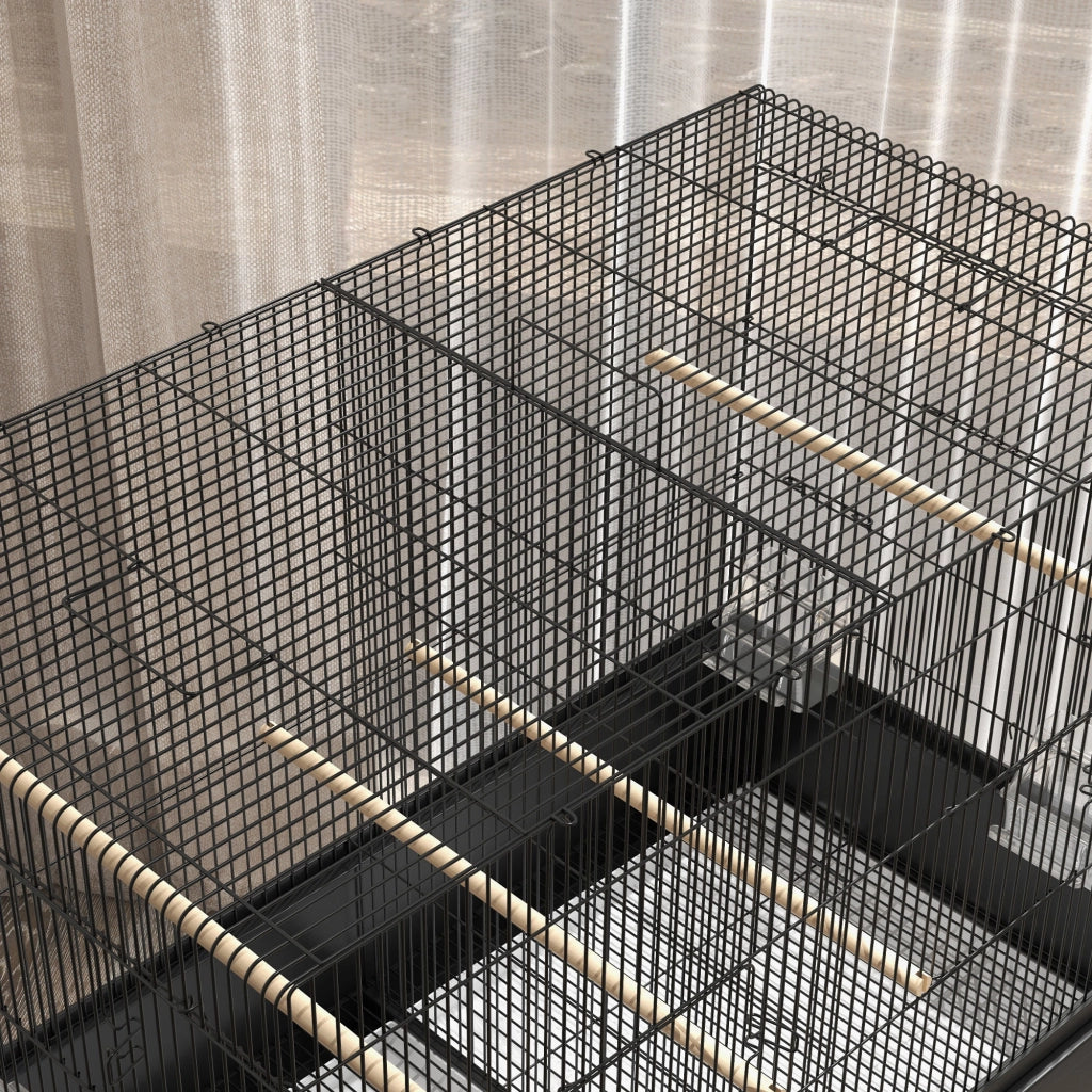 Voliera Gabbia per Uccelli da Interno 85x49x119 cm con Vassoio Ripiano e Ruote con Freno Nero
