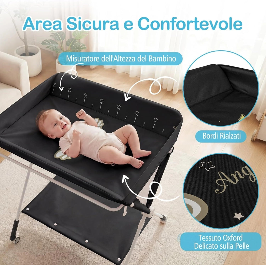 Fasciatoio Pieghevole per Bambini, Fasciatoio Portatile con Altezza Regolabile a 3 Livelli, Fasciatoio Neonato con Ruote di Bloccabili, Ripiano, Porta Asciugamani, per 0-12 Mesi (Nero)
