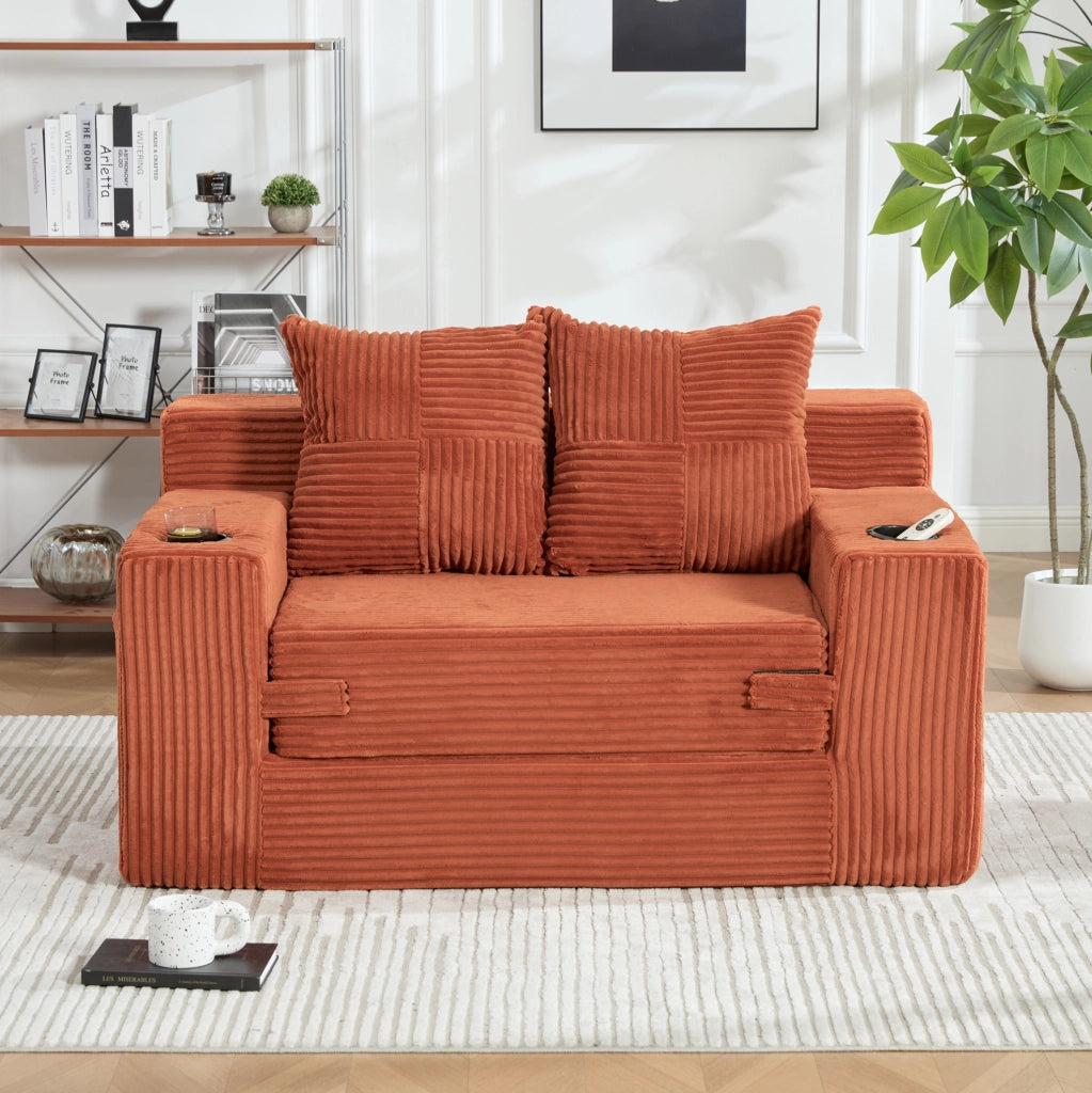 Divano pouf in velluto a coste arancione con tasche laterali e 2 cuscini; 151 x 133 x 64 cm
