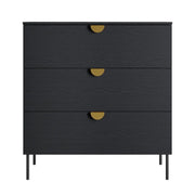 Comò MONDO – Nero strutturato e dorato – 3 cassetti – Piedi in metallo – Design moderno e funzionale