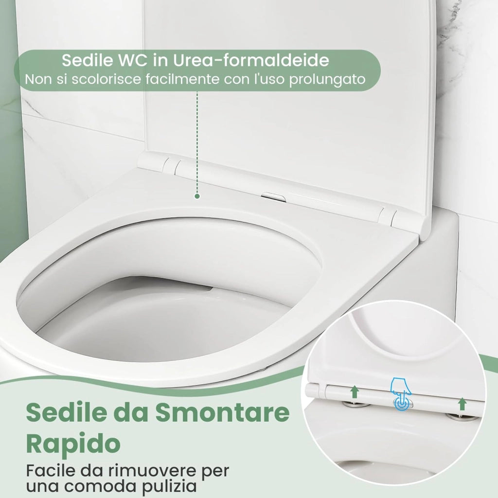 Sanitari Bagno a Muro, Sanitari Bagno Sospeso con Sistema di Doppio Scarico, Meccanismo di Chiusura Ammortizzata e Accessori di Montaggio, Facile da Pulire