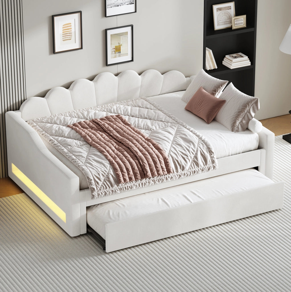 Divano letto imbottito 140x200 cm con LED e letto estraibile; beige