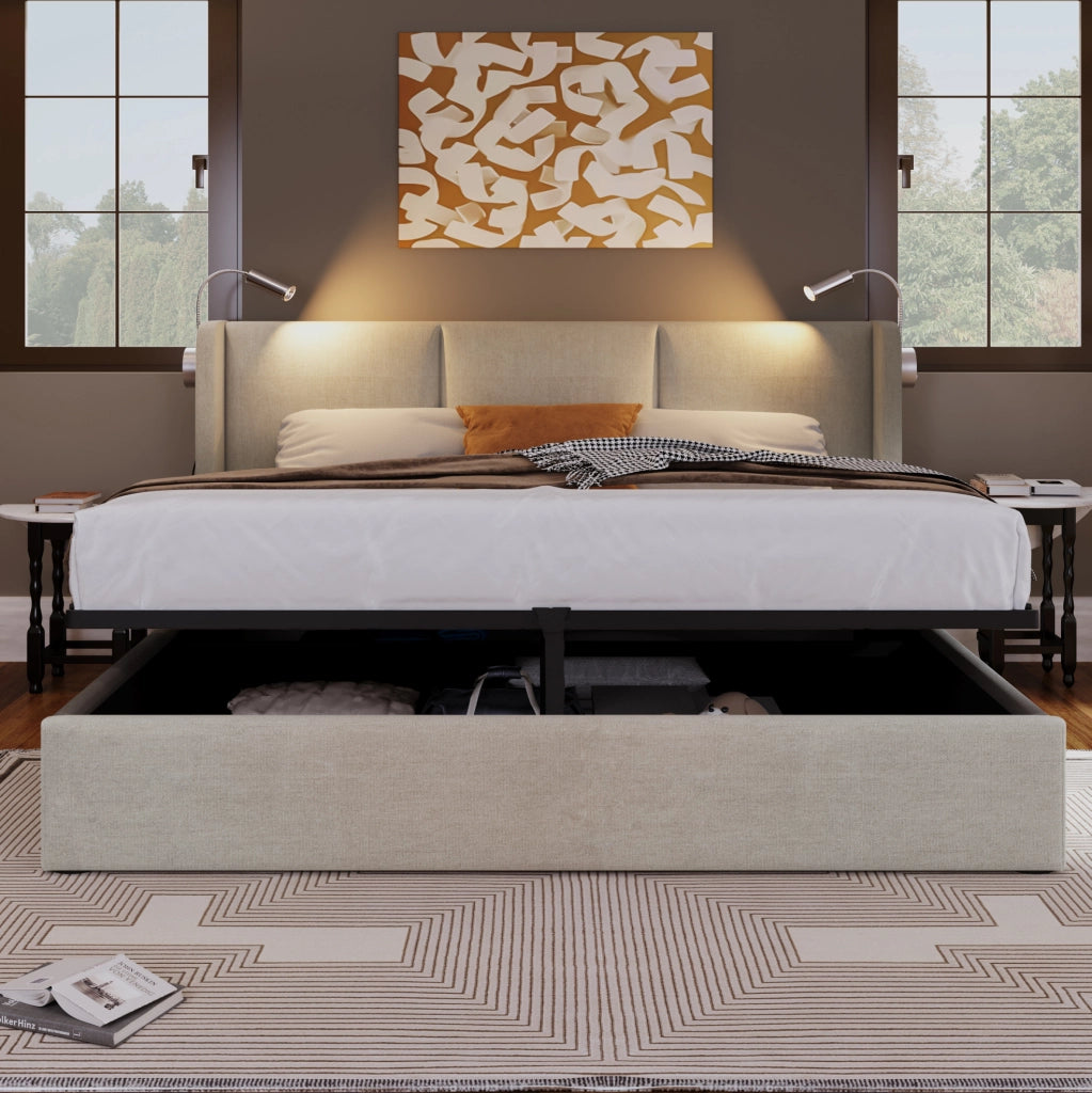Letto imbottito 160x200 cm beige con contenitore e luce USB