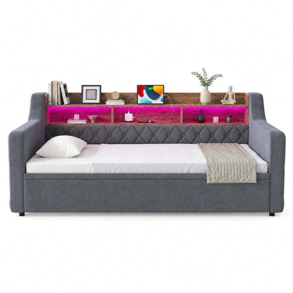 Letto Estraibile 90x190 cm con LED; USB e Type-C; in Velluto Grigio Scuro