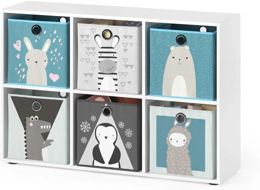 Libreria bambini, Bianco, 72 x 107.8 cm con 6 scatole pieghevoli, adatto per riporre giocattoli e libri