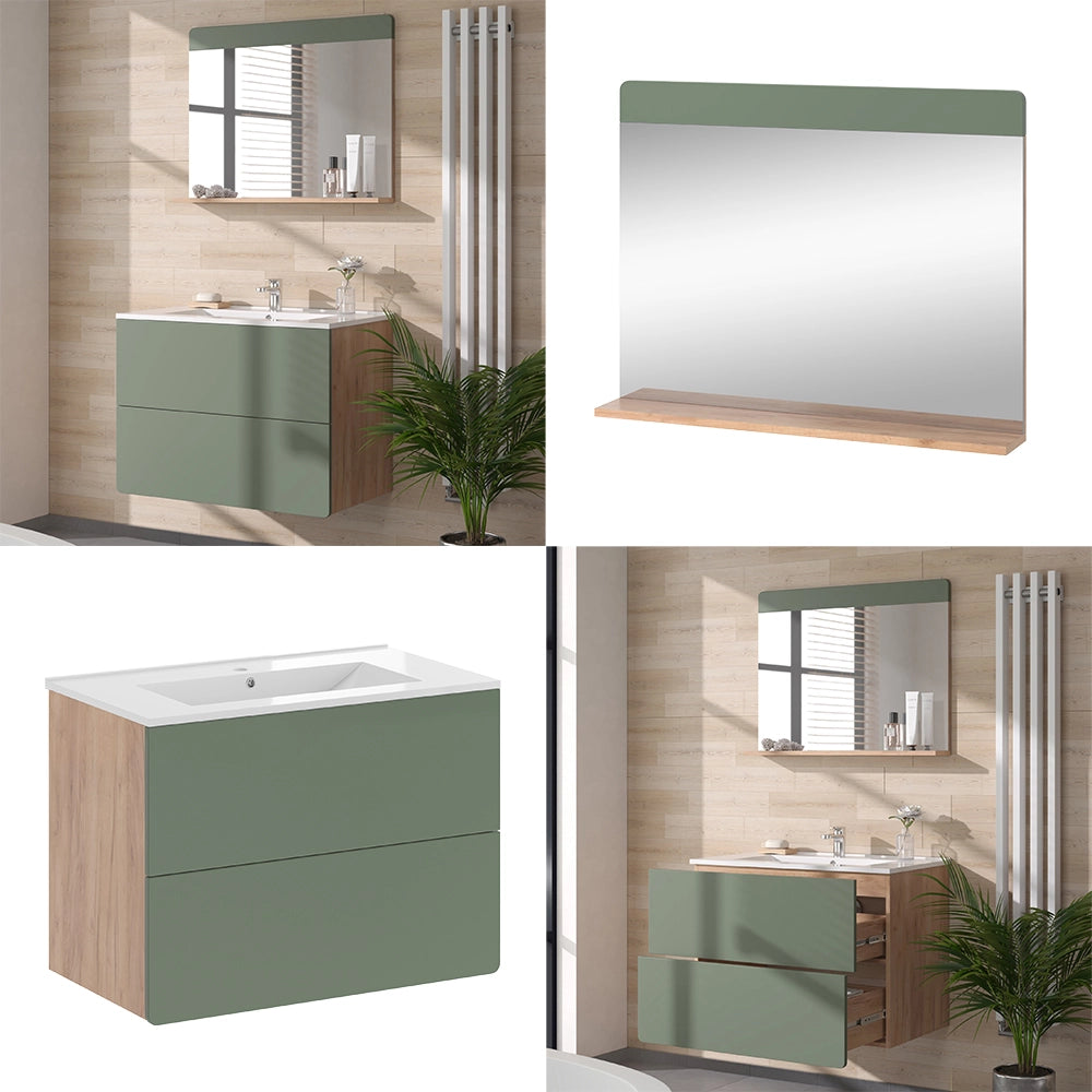 Vicco Set di mobili da bagno Goldkraft rovere/verde 3 parti con specchio