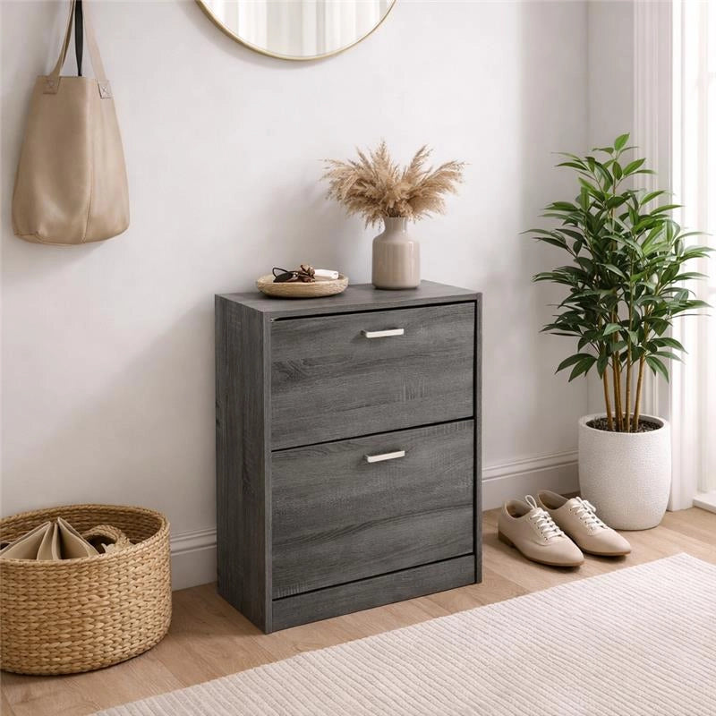SCARPIERA 2 ANTE IN LEGNO TRUCIOLARE MELAMINICO, OGNI ANTA 2 DIVISORI IN LEGNO ROVERE GRIGIO 63 X 24 X 81 CM