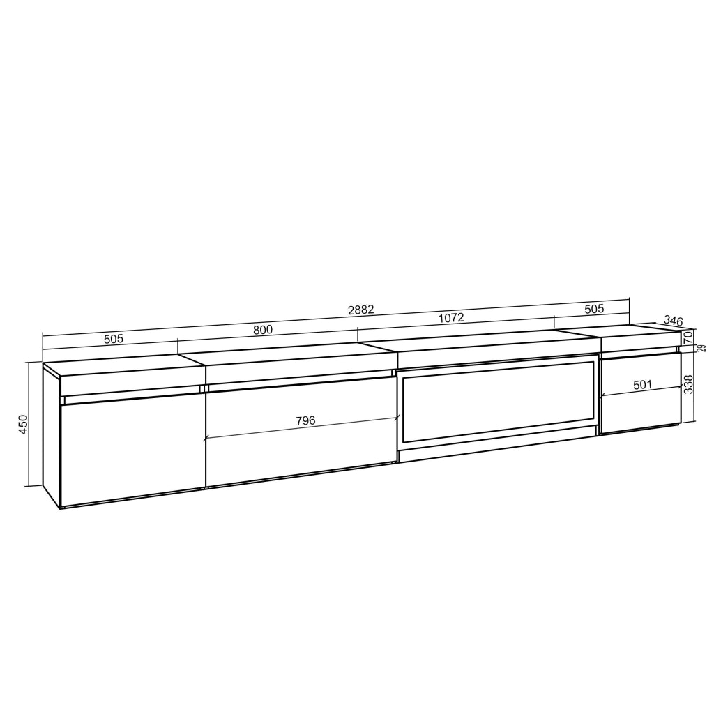 Mobile TV Soggiorno, 288x35x45cm, TV di grande formato, Camino elettrico XXL, da appendere, Nero RF3611